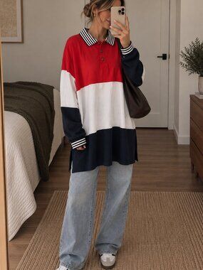 Vintage Korell Colorblock Polo Top Womens 22/24 Red White Navy 90s